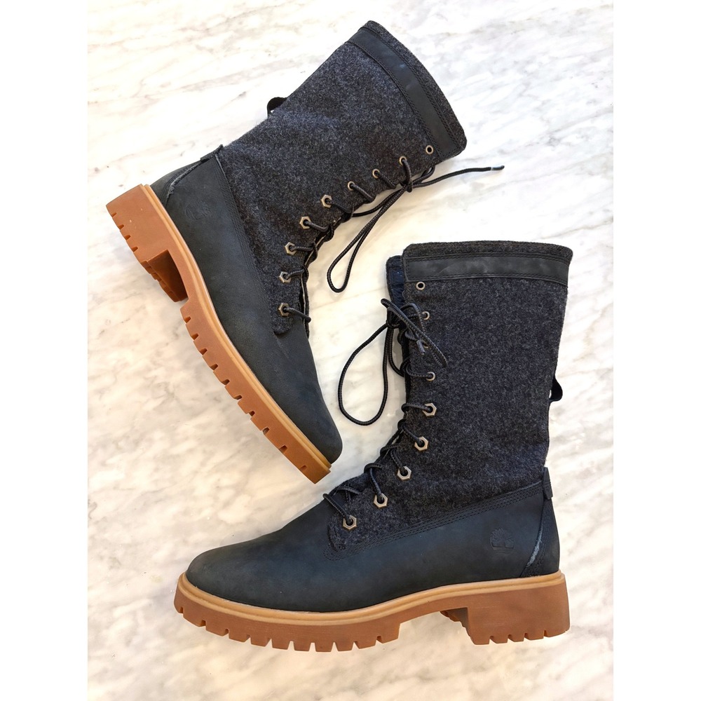 Timberland Jayne Mixed Media Warm Gaiter Boot Black Leather Wool Foldover Sz 8
